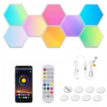 LAMPA HEXAGON PLASTER MIODU RGB USB APLIKACJA 8 PCS ŚWIATŁA OTOCZENIA