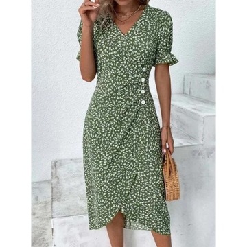 Elegant Floral Pleated H shaped Midi Dress Female