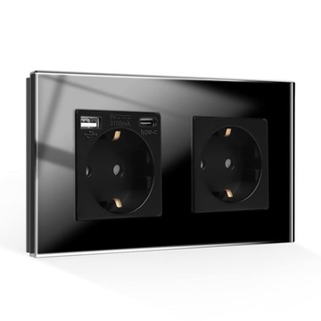 Szklane podwójne gniazdko z 2 portami USB (1 port