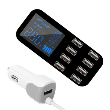 ŁADOWARKA SAMOCHODOWA Z 8 PORTAMI USB INTELIGENTNA OCHRONA WYŚWIETLACZ LCD