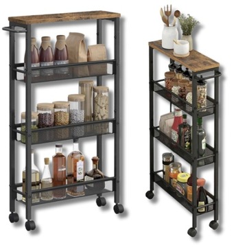 WÓZEK KUCHENNY DREWNIANY REGAŁ WĄSKI NA KÓŁKACH PÓŁKA METAL LOFT 4 POZIOMY