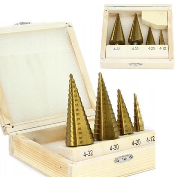 ZESTAW WIERTEŁ STOPNIOWE STOŻKOWE TYTAN HSS 4-32MM