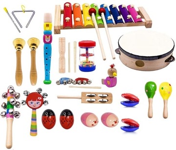 INSTRUMENTY MUZYCZNE ZESTAW INSTRUMENTÓW W TORBIE DREWNIANE CYMBAŁKI FLET