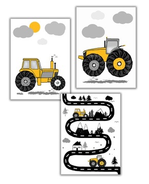 3 szt traktory plakat musztardowy droga traktor a3