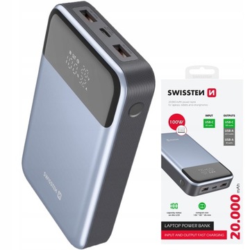 Powerbank SWISSTEN 20000 мАч 100 Вт для ноутбука и смартфона 2x USB-A 1x USB-C