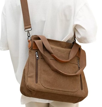 TORBA TOREBKA DAMSKA NA RAMIĘ POJEMNA MOCNA ŚWIETNA PŁÓCIENNA BRĄZOWA