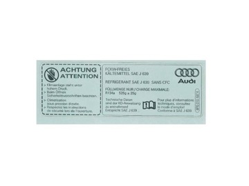 Naklejka Na Maskę Czynnik R134a Audi A3/TT OE