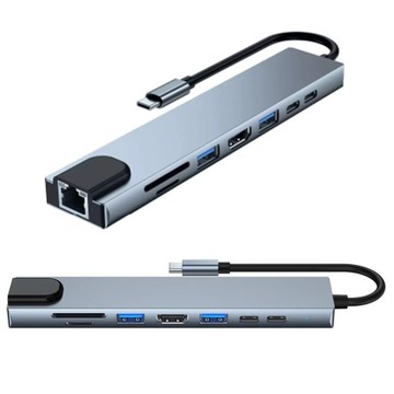 Адаптер HUB Разветвитель USB-C для ноутбука 8в1 USB 3.0 HDMI 4K LAN алюминий 100Вт