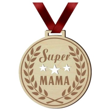 MEDAL drewno SUPER mama TASIEMKA dzień MATKI LAUR