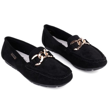 CZARNE MOKASYNY DAMSKIE ZAMSZOWE PÓŁBUTY WSUWANE WKŁ. EKOSKÓRA ELEGANCKIE