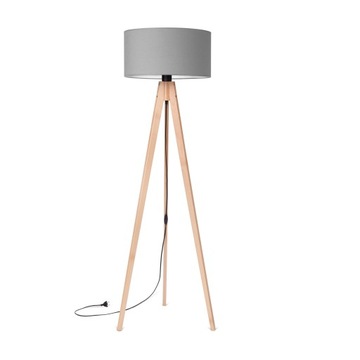 LAMPA STOJĄCA PODŁOGOWA TRÓJNÓG DREWNIANY ABAŻUR SZARY