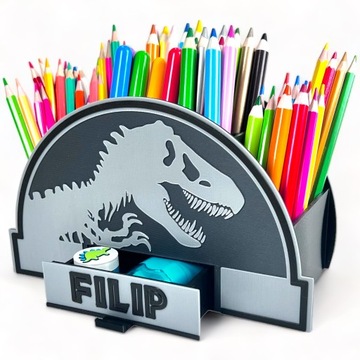 Organizer na biurko na kredki z imieniem JURASSIC dinozaur 3D przybornik