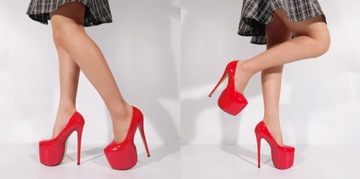 CZÓŁENKA DAMSKIE czerwone SZPILKI NA PLATFORMIE 18 CM SEKSOWNE POMPY r.41
