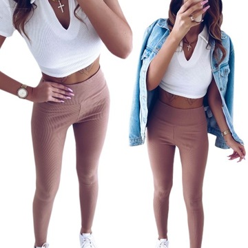 Legginsy damskie prążkowane z wysokim stanem PRĄŻEK proste modne S/M