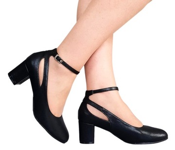CZARNE PERŁOWE OZDOBNE WYCINANE BUTY CZÓŁENKA Z PASECZKIEM SŁUPEK 6 cm 37
