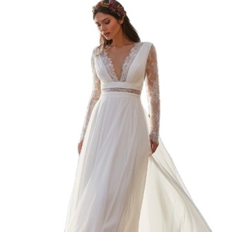 Suknia ślubna #48 boho koronka ivory długi rękaw tren rozmiar 42 XL