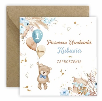 ZAPROSZENIA NA ROCZEK + IMIĘ + KOPERTA MIŚ BOHO