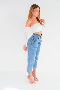 Modelujące spodnie damskie Jeansy MOM FIT wysoki stan luźna nogawka L