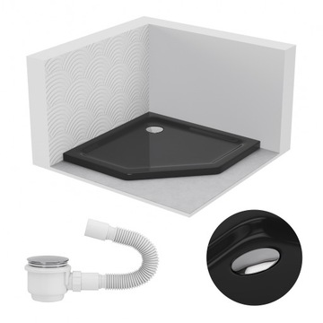 BRODZIK PRYSZNICOWY PIĘCIOKĄTNY 80x80 SLIM NISKI 5 CM CZARNY BLACK SYFON