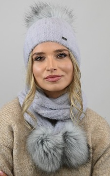 Серый набор шляпы + шарф два помпона D1