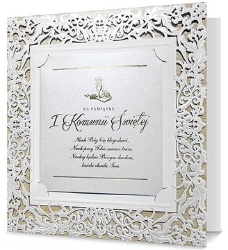 Kartka Pamiątka Komunii ażurowa, perłowa pięknie zdobiona XL PDP181