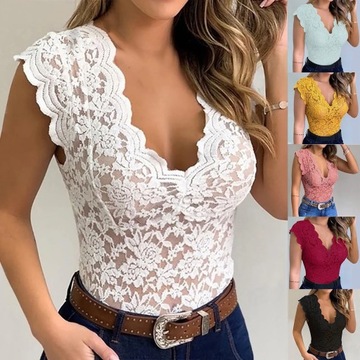 Women Sexy V Neck Lace Vest Top Sleeveless Solid W