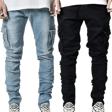 Jeans Men Pants Wash Solid Color Multi Pockets Den