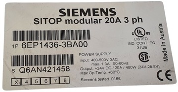 БЛОК ПИТАНИЯ SIEMENS SIMATIC SITOP 6EP1436-3BA00 3PH 20A 24V