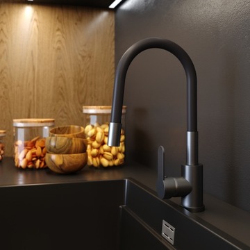 Смеситель для кухни GUN GREY, ЧЕРНЫЙ МЕТАЛЛИК, ГИБКИЙ ИЗЛИК, смеситель GRADO