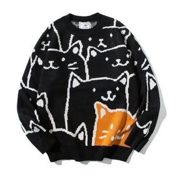 Bawełniany sweter, anime, mody, streetwear, ładny, cartoon cat sweter