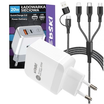 ZASILACZ DO SZYBKIEGO ŁADOWANIA + MOCNY KABEL 3W1 TYP-C MICRO USB LIGHTNING