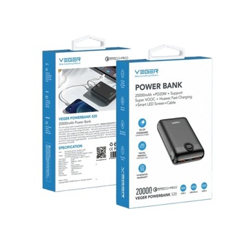 Powerbank VEGER S20 Charger 20000mAh QC 3.0 PD 22.5W маленький, легкий, вместительный