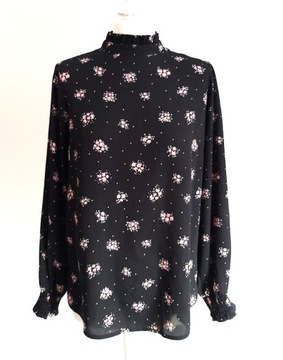 PAPAYA bluzka RETRO elegancka STÓJKA czarna kwiaty LEJĄCA M/L