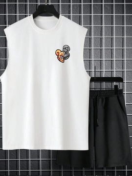 SHEIN KOMPLET CZARNE KRÓTKIE SPODENKI BIAŁY TANK TOP Z PRINTEM XL 63662