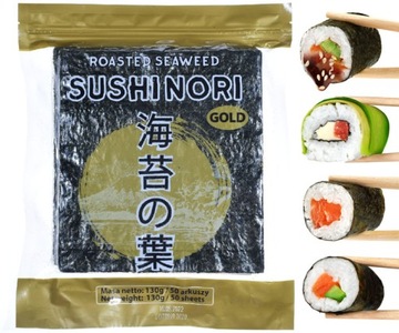 Algi morskie prażone nori do sushi liście gold wodorosty 50szt glony listki