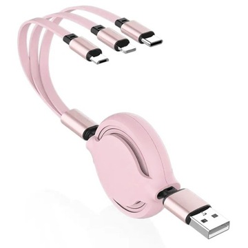 KABEL RÓŻ 3W1 ZWIJANY USB-C LIGHTNING MICRO USB TYP C ŁADOWARKA PŁASKI 1M