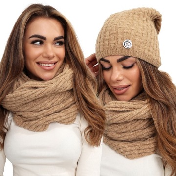 KOMPLET DAMSKI CZAPKA BEANIE KOMIN SZEROKI DUŻY ZESTAW CIEPŁY ZIMOWY KOLORY