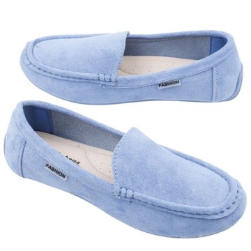 MOKASYNY DAMSKIE ZAMSZOWE PÓŁBUTY NIEBIESKIE PŁASKIE WKŁ. EKOSKÓRA WYGODNE