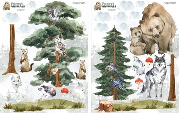DUŻE ZESTAW naklejek dla dzieci ZWIERZĘTA LEŚNE DRZEWA LAS - 100cm x 260cm