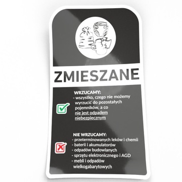 Naklejka samoprzylepna na kosz pojemnik kubeł śmieci odpady ZMIESZANE 30 cm