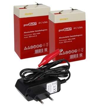 ZESTAW DO AUTKA 2x AKUMULATOR VRLA AGM 6V 4.5Ah + ładowarka LED 12V 1A