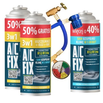AC FIX 2xUszczelniacz 3w1 R134a+50% +1xGAZ R134a+40% +manometr DUŻE PUSZKI