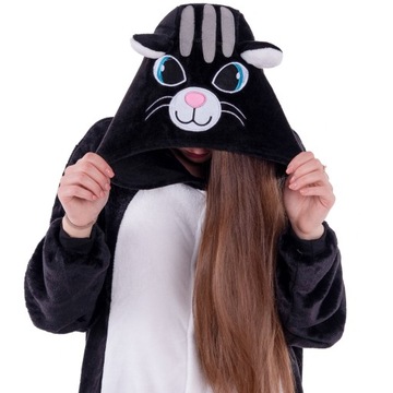 KOT Czarny Kotek PIŻAMA Kigurumi Onesie Damskie Kostium Dres S 146-154 cm