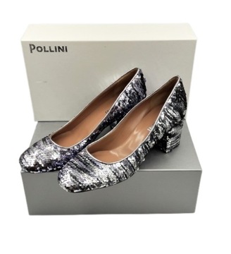 Buty Damskie POLLINI Skórzane pantofle cekiny srebrno różowe