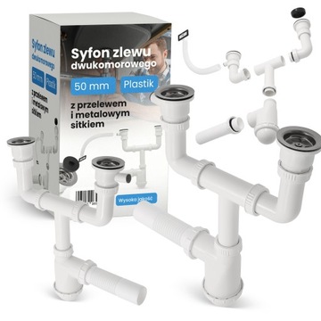 Syfon Zlewu DWUKOMOROWEGO 50 mm Kuchenny ELASTYCZNY Odpływ Przelew Sitko