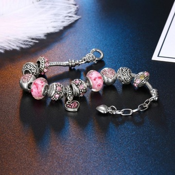 Bransoletka Srebrna Modułowa Różowa Beads Charms Regulowana 19 - 22 cm