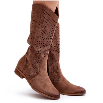 BOTKI AŻUROWE DO POŁOWY ŁYDKI NA PŁASKIM OBCASIE BRĄZOWE 40