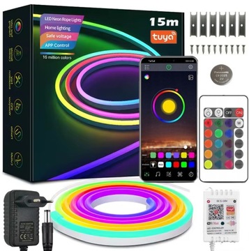 TAŚMA LED NEON 15M RGB (1x15)APLIKACJA WIFI TUYA PILOT IP67 24V WODOODPORNA