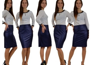 GŁADKA OŁÓWKOWA SPÓDNICA EKO SKÓRA GRANATOWA r.48