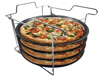 ZESTAW 4 BLACH DO PIECZENIA PIZZY 32,2CM + STOJAK